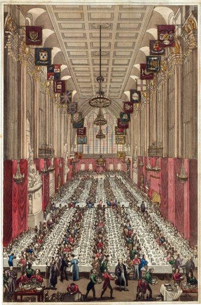 Representation of the Interior of Guildhall on the Occasion of the Visit of the King and Queen, at the Inauguration Dinner of Ald. Key to the Mayorality of London by English School